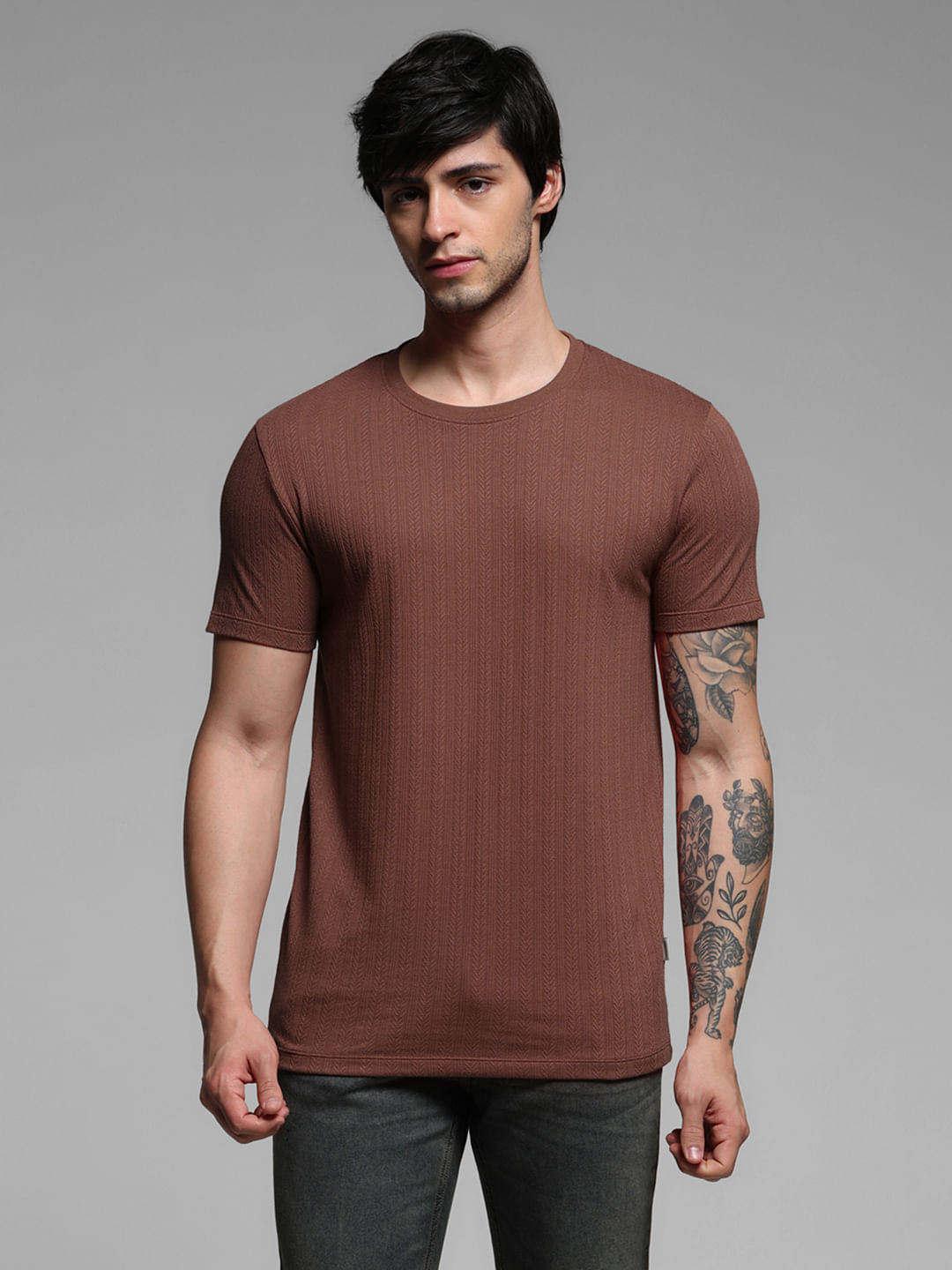 Rust Red Jacquard Knitted T-shirt