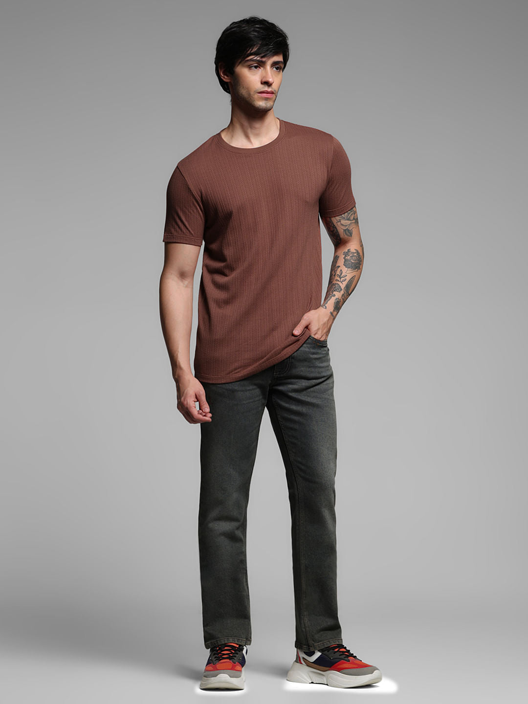 Rust Red Jacquard Knitted T-shirt