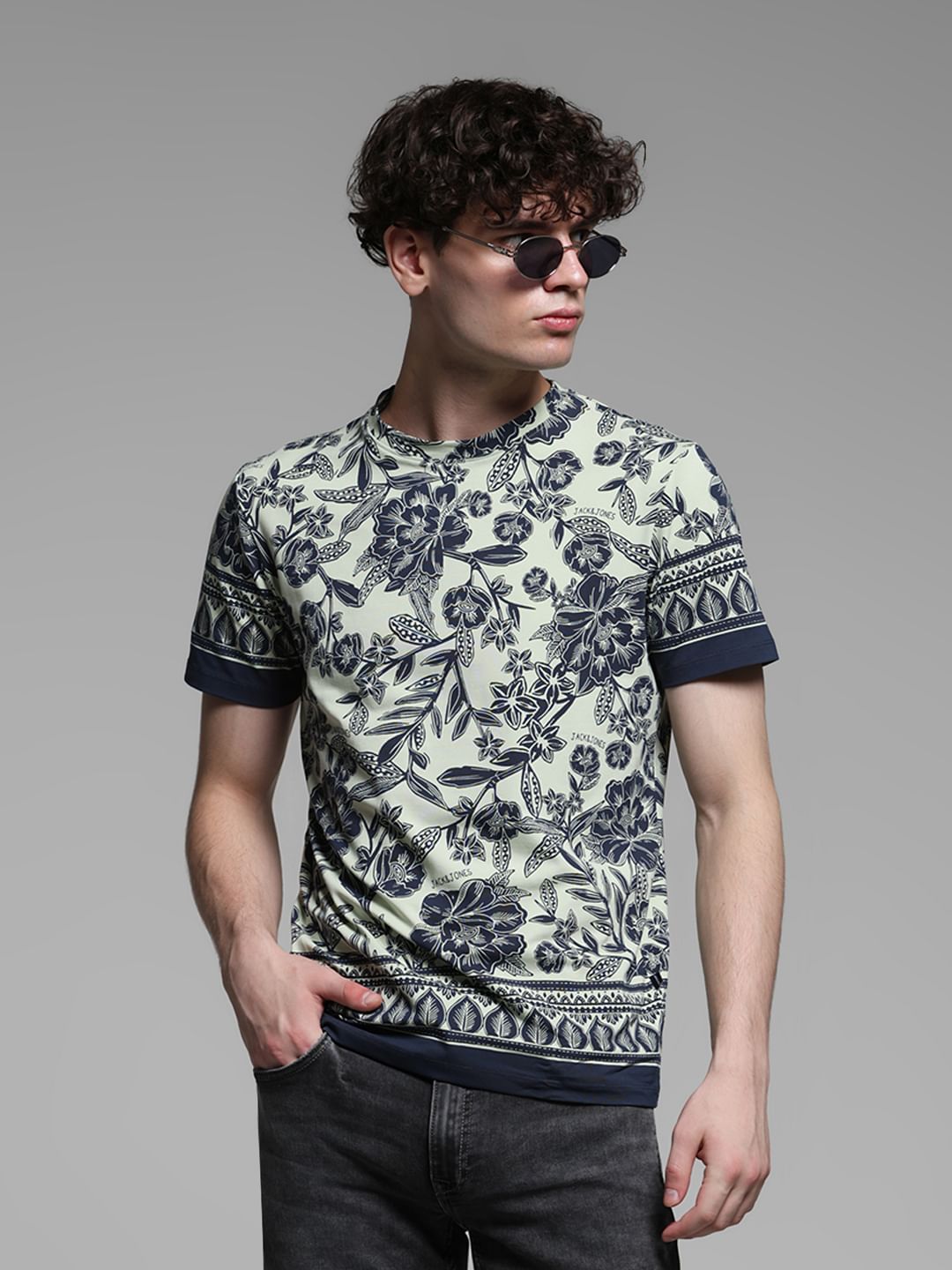 GREEN FLORAL CREW NECK T-SHIRT