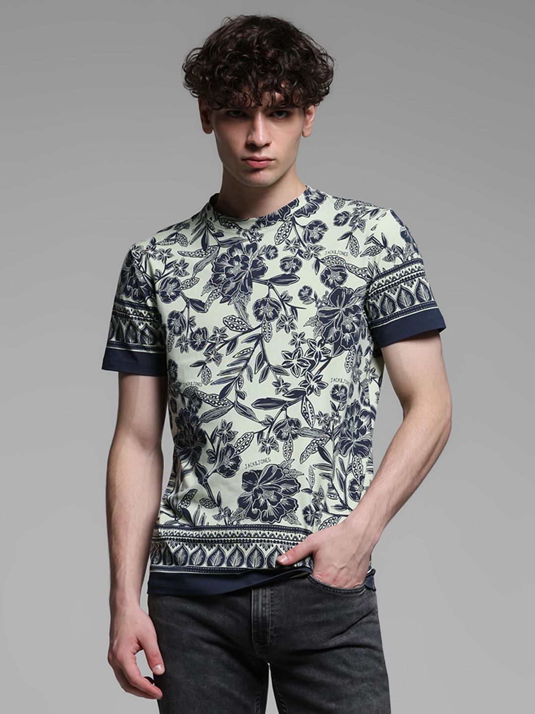 GREEN FLORAL CREW NECK T-SHIRT