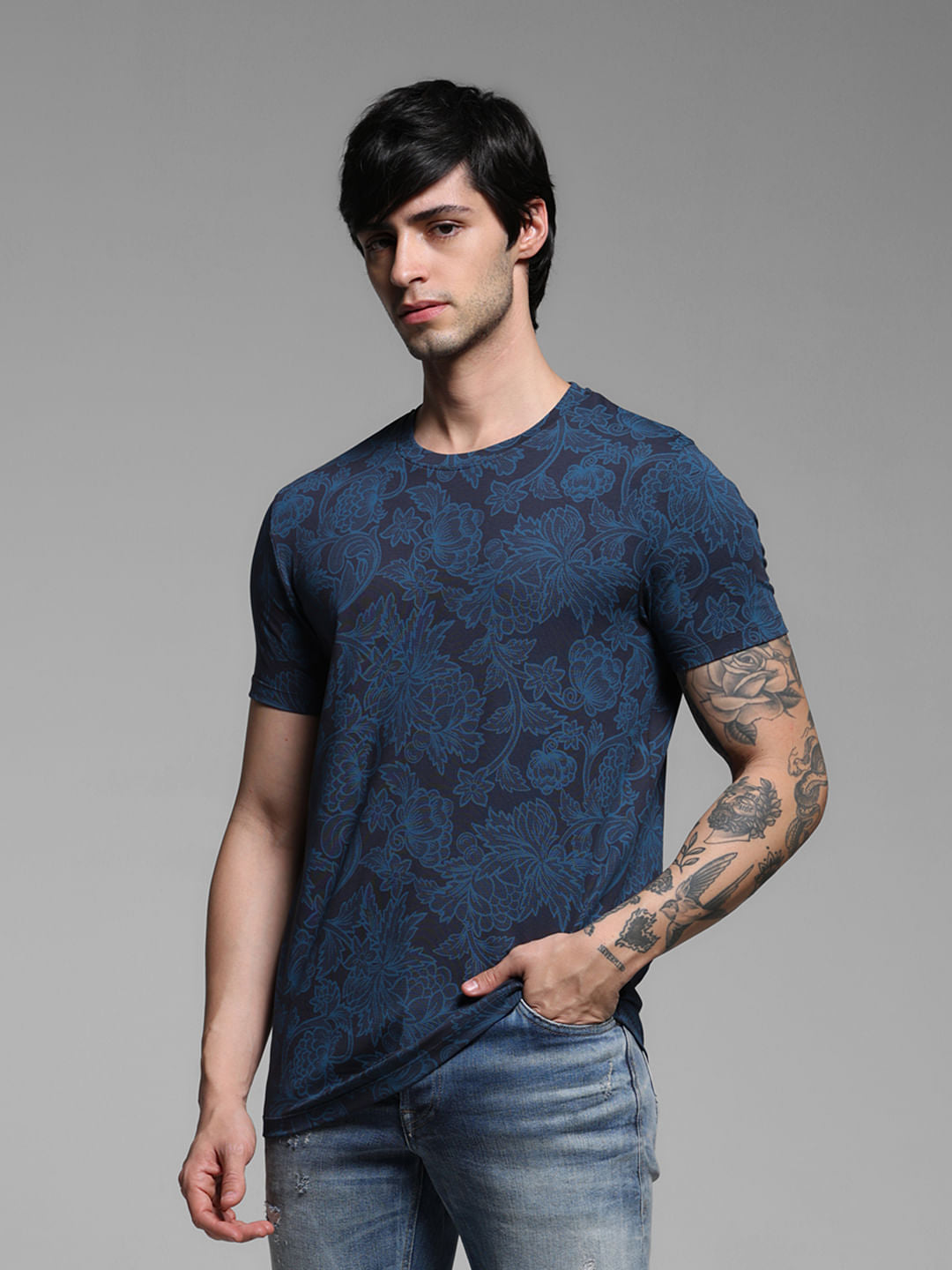 Blue Floral Print Slim Fit T-Shirt