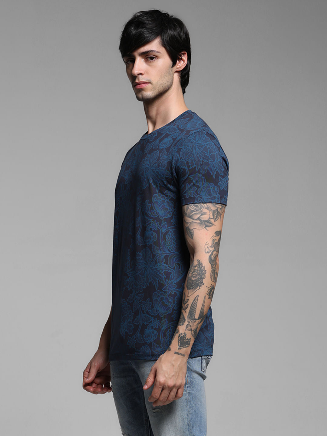 Blue Floral Print Slim Fit T-Shirt