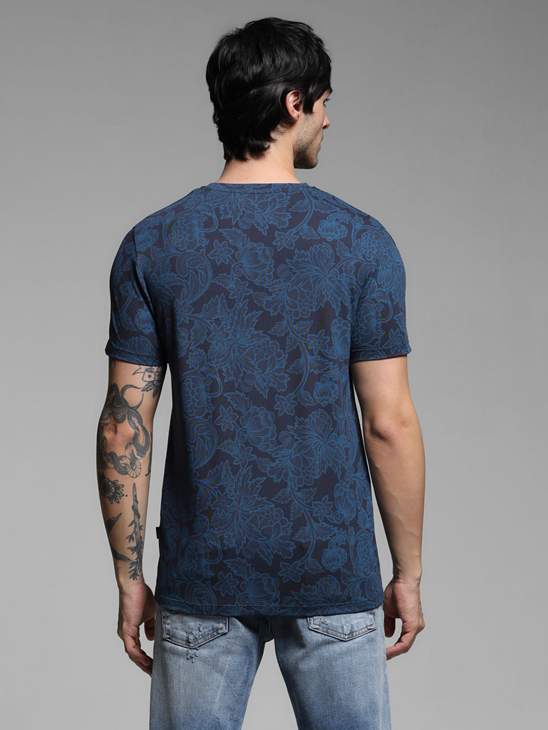 Blue Floral Print Slim Fit T-Shirt