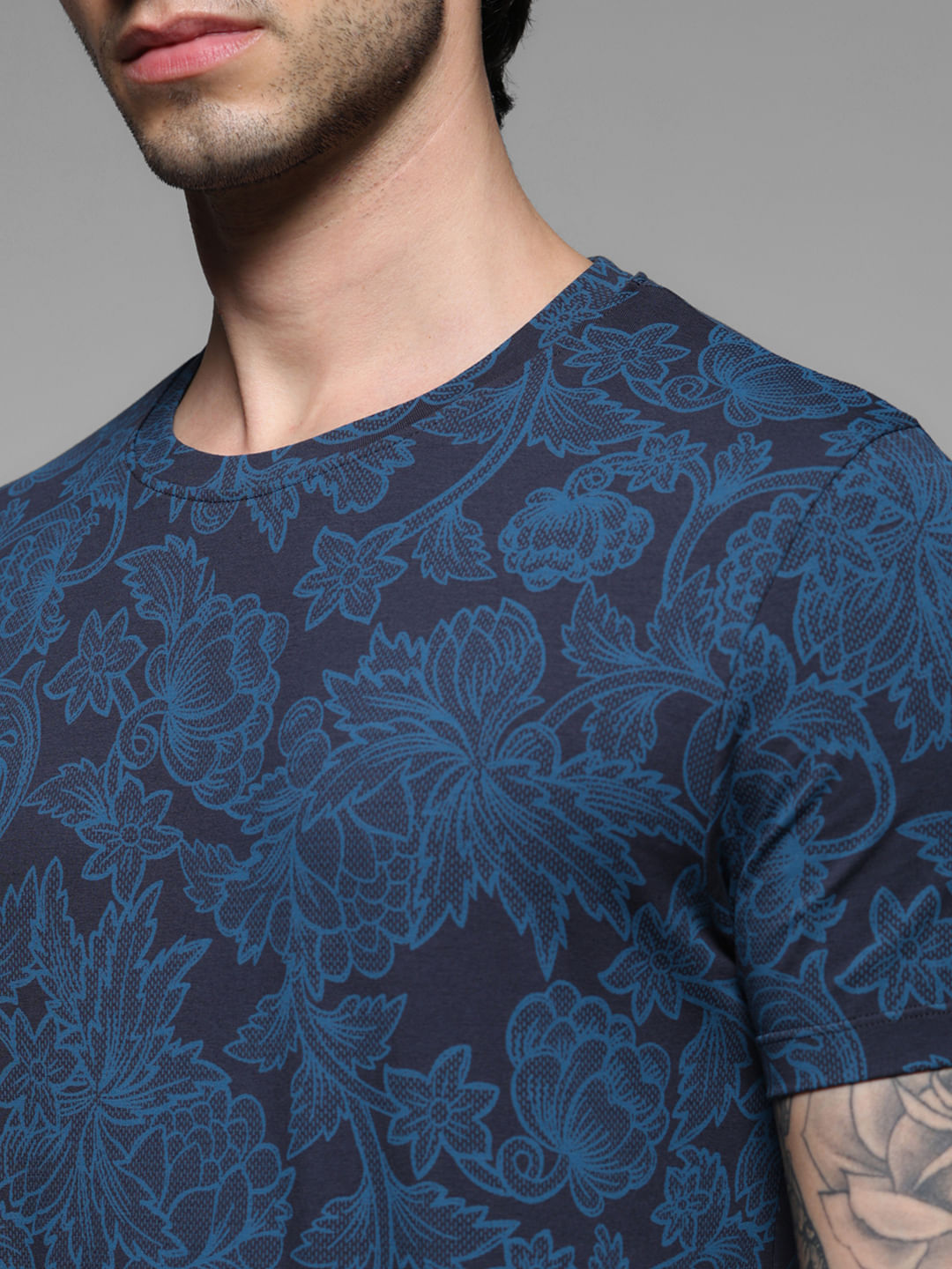 Blue Floral Print Slim Fit T-Shirt