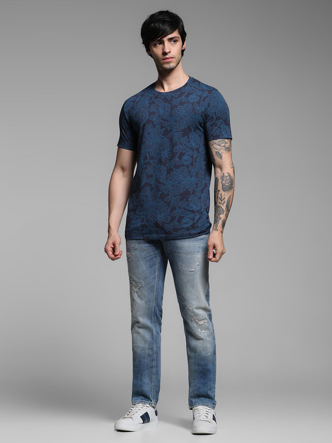 Blue Floral Print Slim Fit T-Shirt