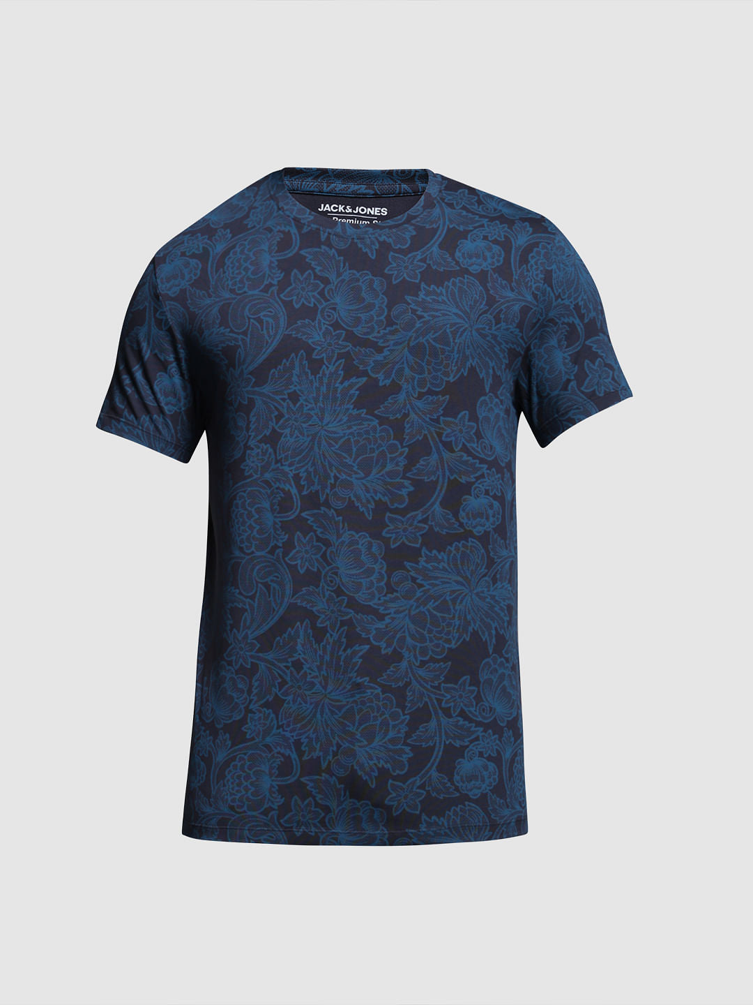 Blue Floral Print Slim Fit T-Shirt