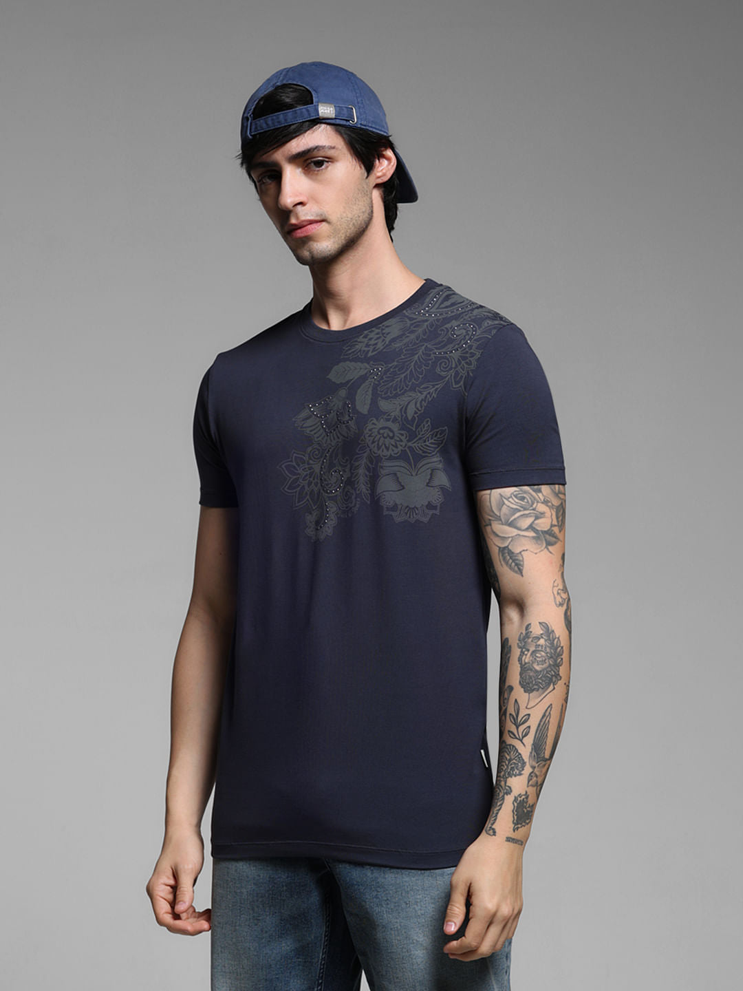 Blue Printed Crew Neck Slim Fit T-shirt