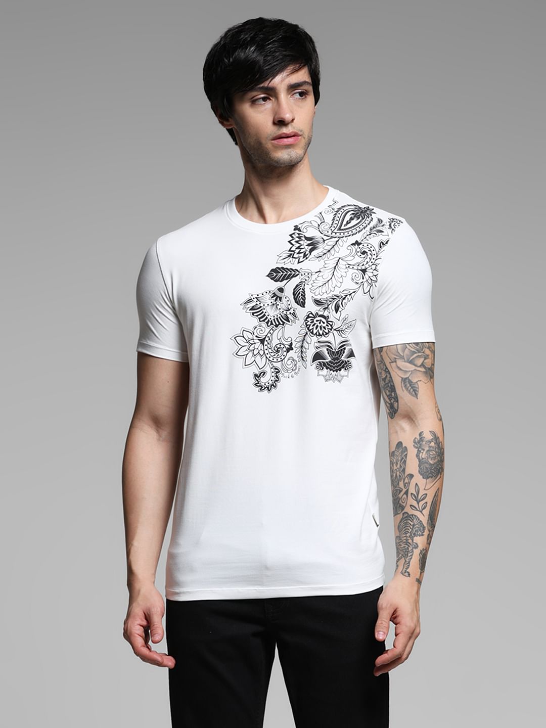 White Printed Crew Neck Slim Fit T-shirt