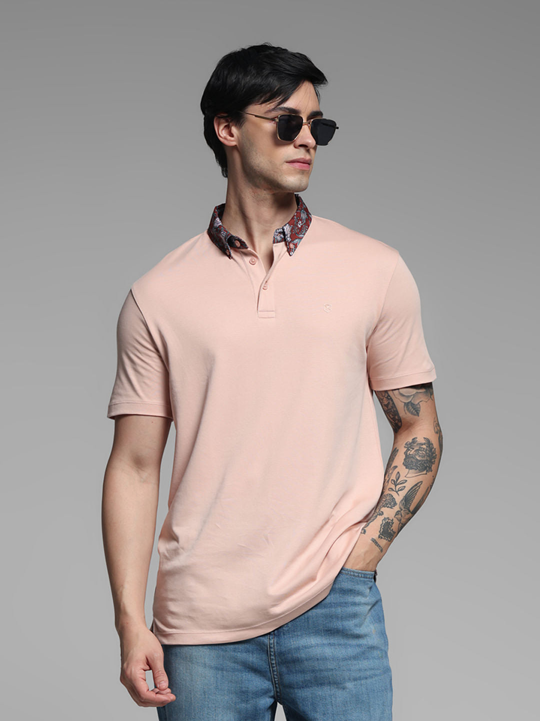 Pink Contrast Collar Band Polo