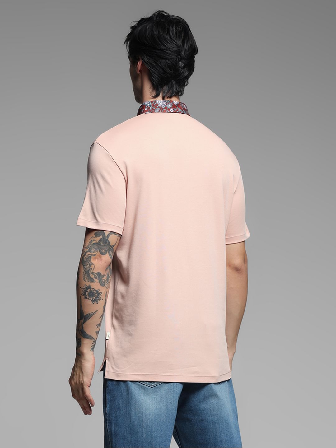 Pink Contrast Collar Band Polo