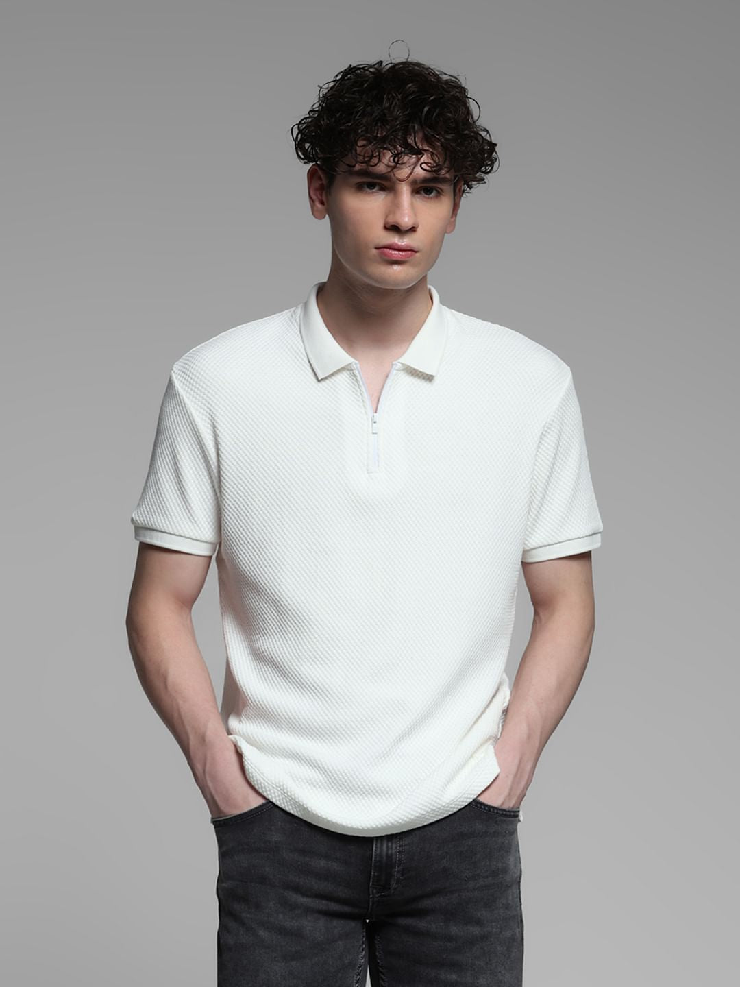 White Jacquard Cotton Polo