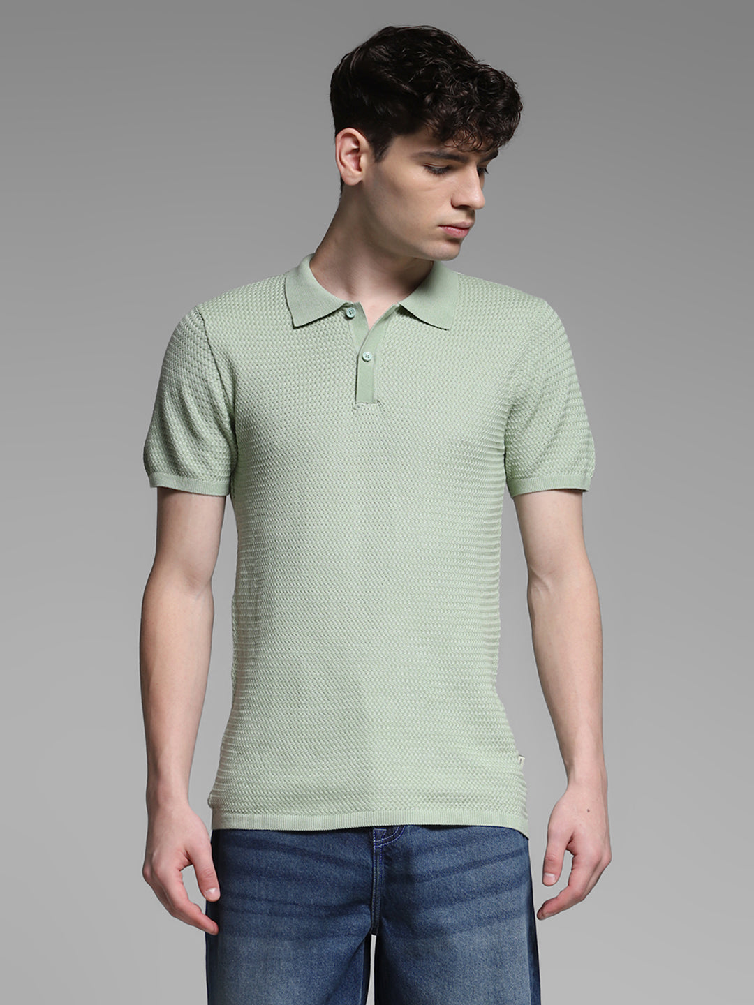 Men Solid Green Cotton Textured Knit Slim Fit Polo T-Shirt