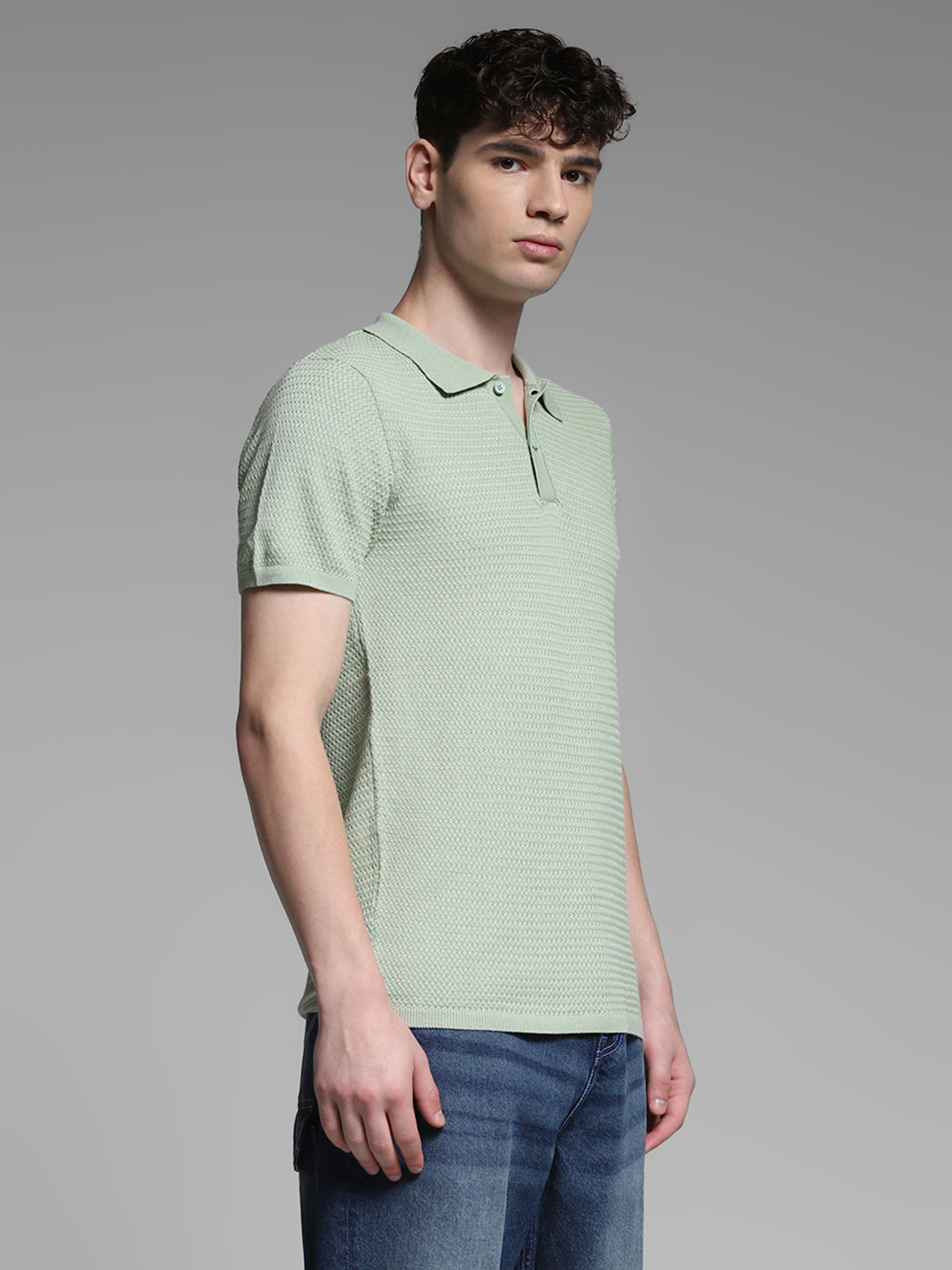 Men Solid Green Cotton Textured Knit Slim Fit Polo T-Shirt