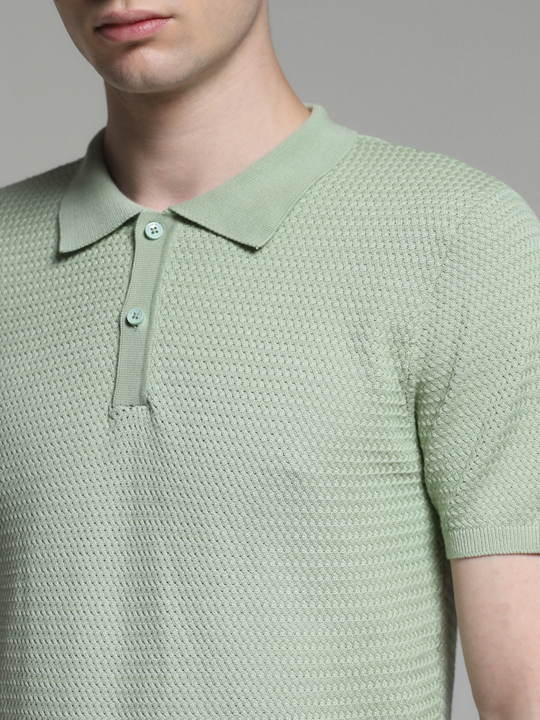 Men Solid Green Cotton Textured Knit Slim Fit Polo T-Shirt