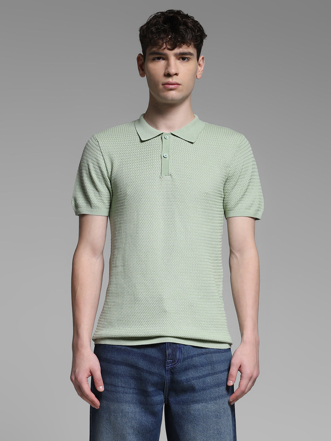 Men Solid Green Cotton Textured Knit Slim Fit Polo T-Shirt