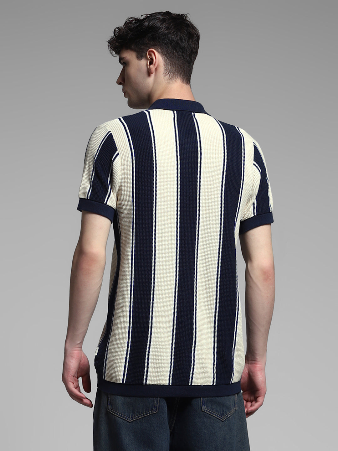Men's Navy Blue & Cream Striped Cotton Slim Fit Polo T-Shirt