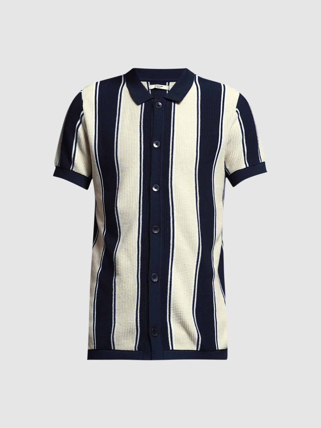Men's Navy Blue & Cream Striped Cotton Slim Fit Polo T-Shirt