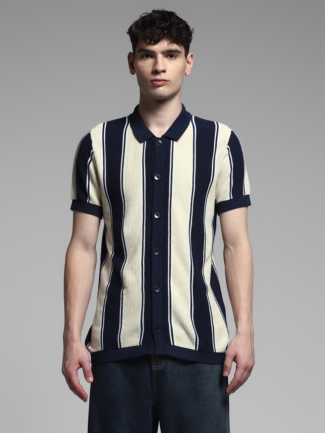 Men's Navy Blue & Cream Striped Cotton Slim Fit Polo T-Shirt