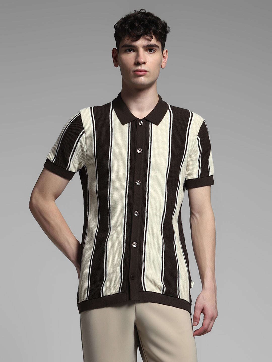 Men Cotton Striped Slim Fit Knitted Polo T-Shirt In Brown