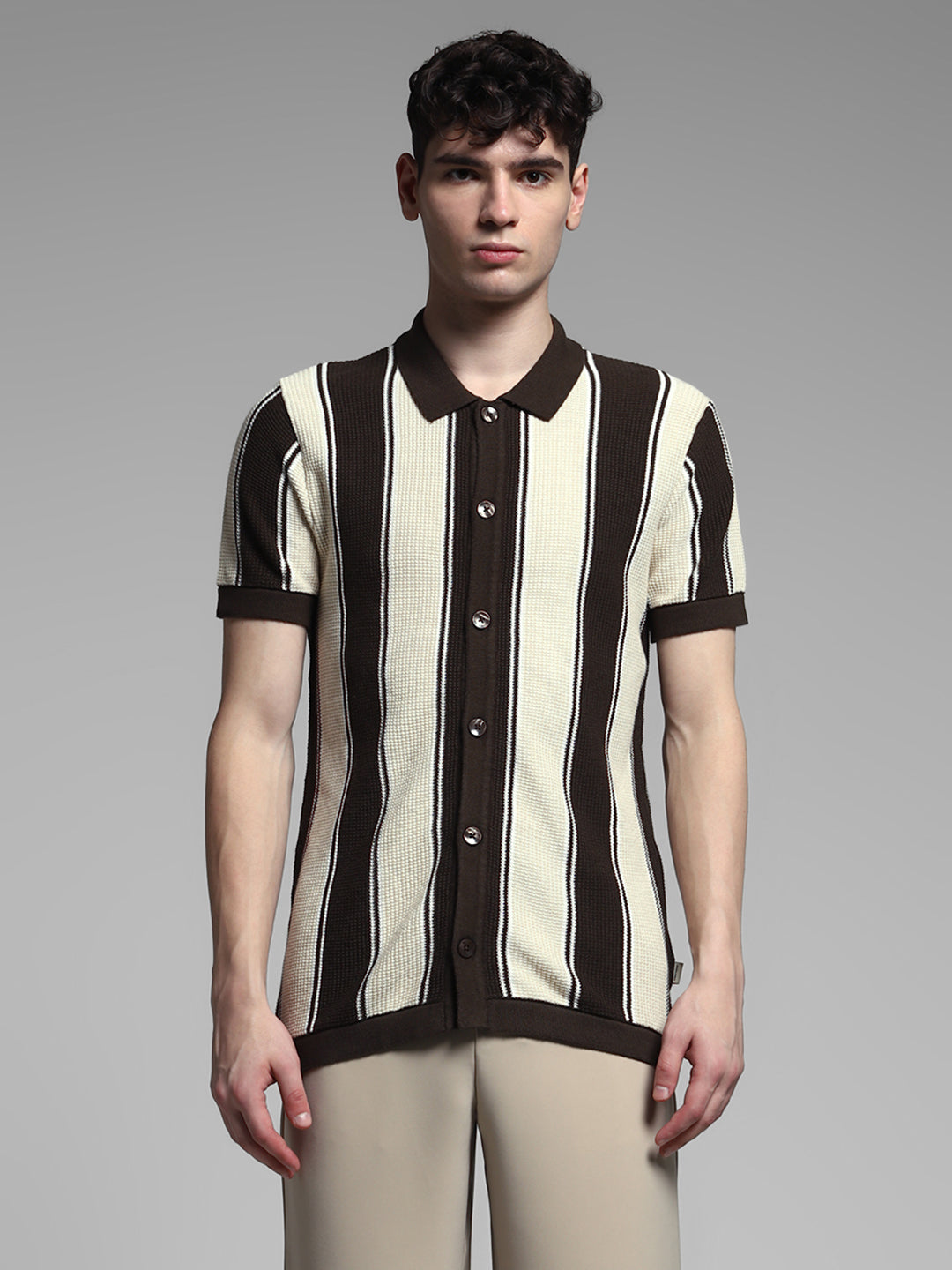 Men Cotton Striped Slim Fit Knitted Polo T-Shirt In Brown