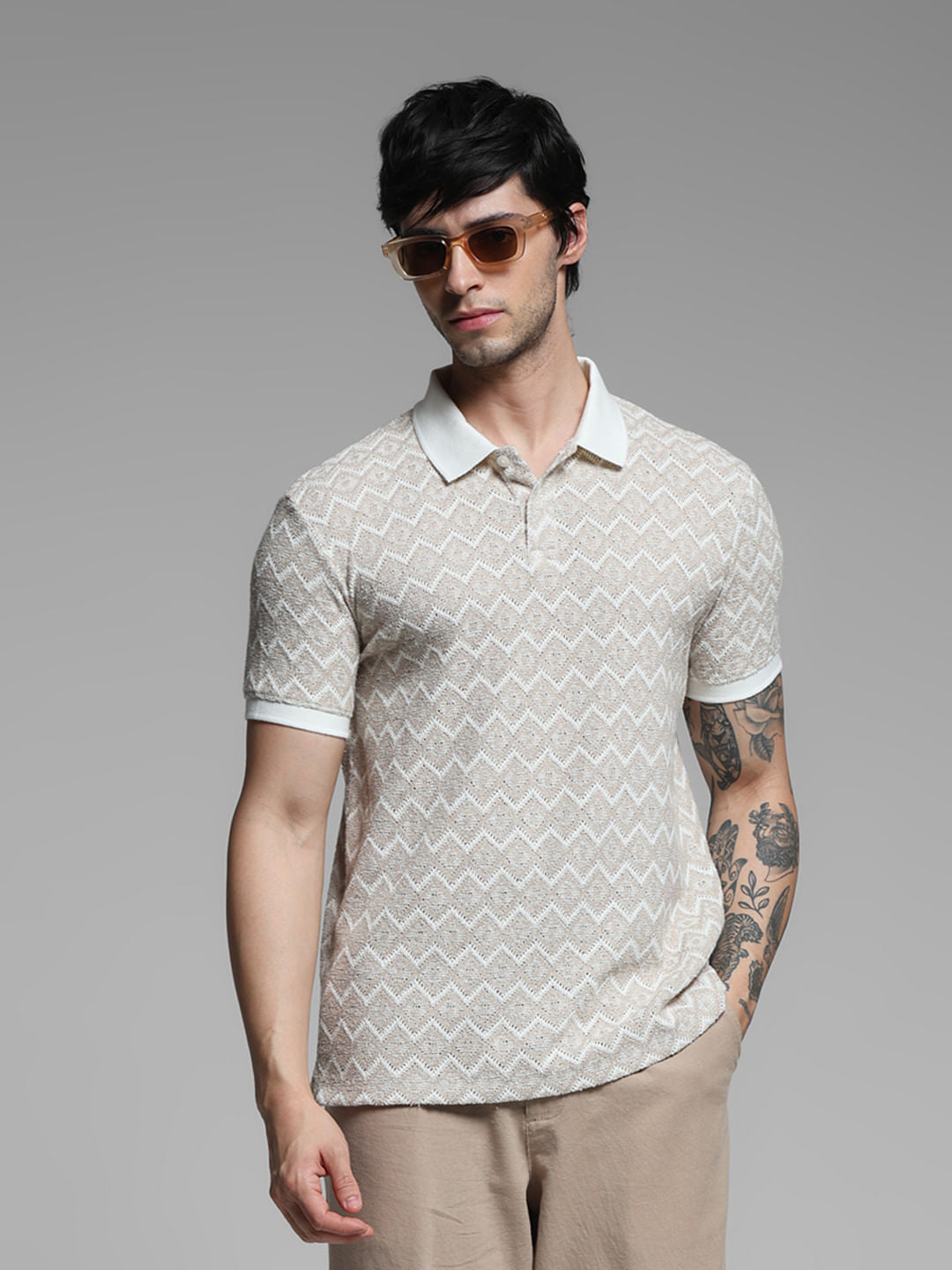 LIGHT BROWN GEOMATRIC PRINT POLO