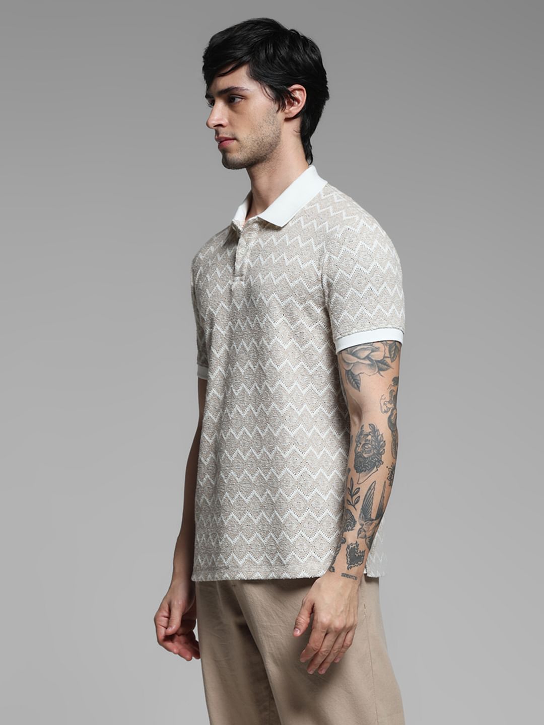 LIGHT BROWN GEOMATRIC PRINT POLO