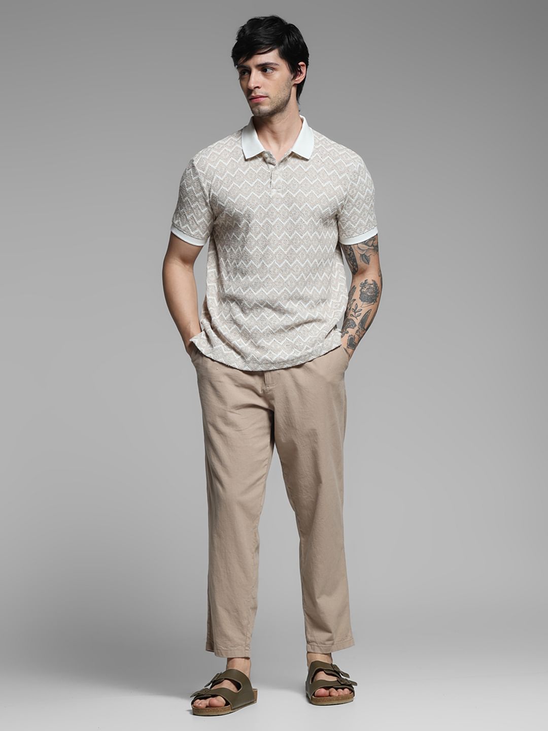 LIGHT BROWN GEOMATRIC PRINT POLO