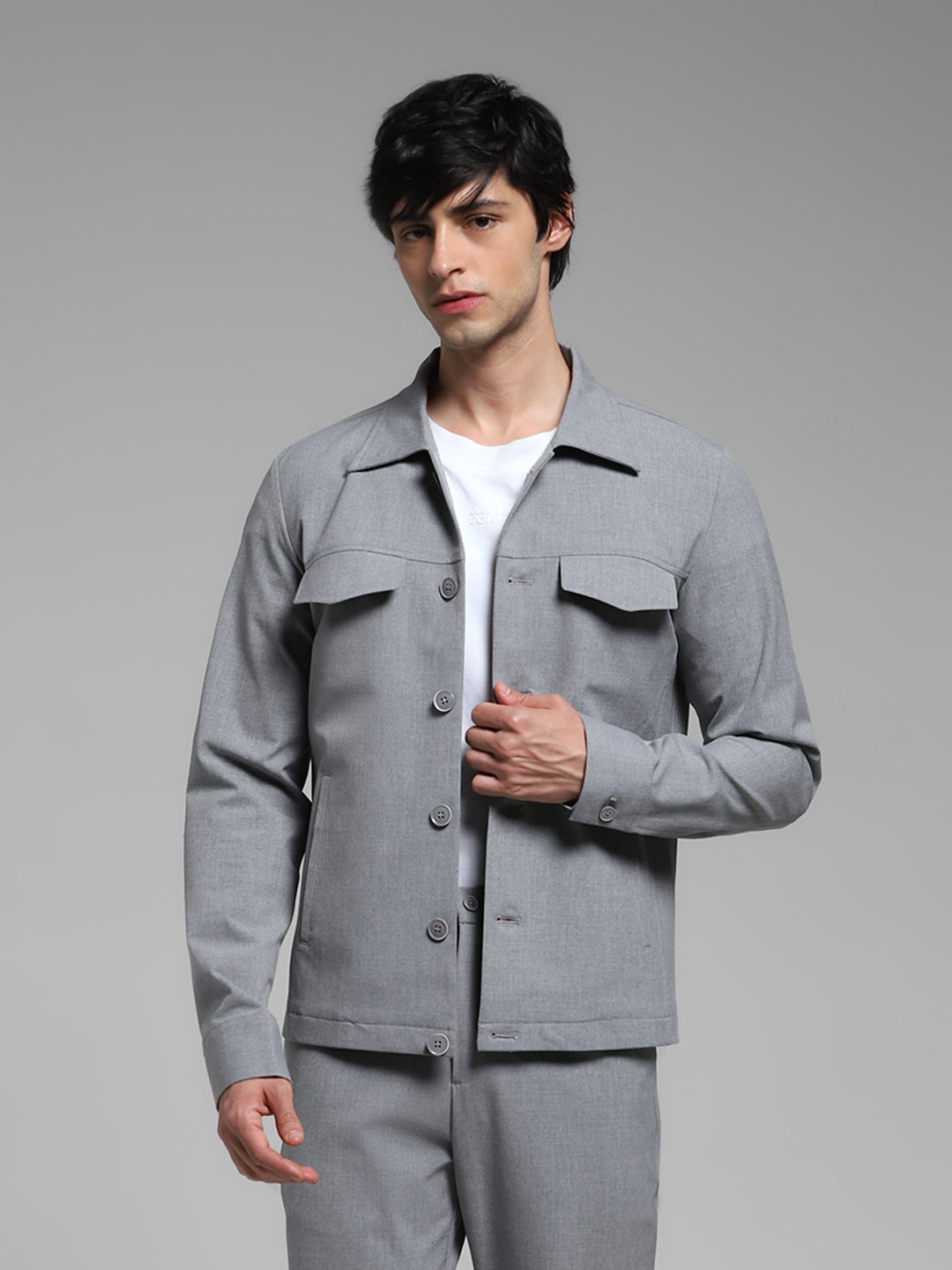 Men Solid Grey Slim Fit Shacket Style Windcheater Jacket