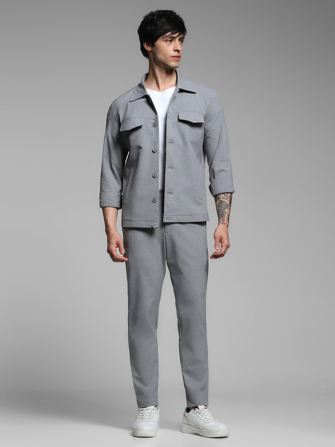 Men Solid Grey Slim Fit Shacket Style Windcheater Jacket