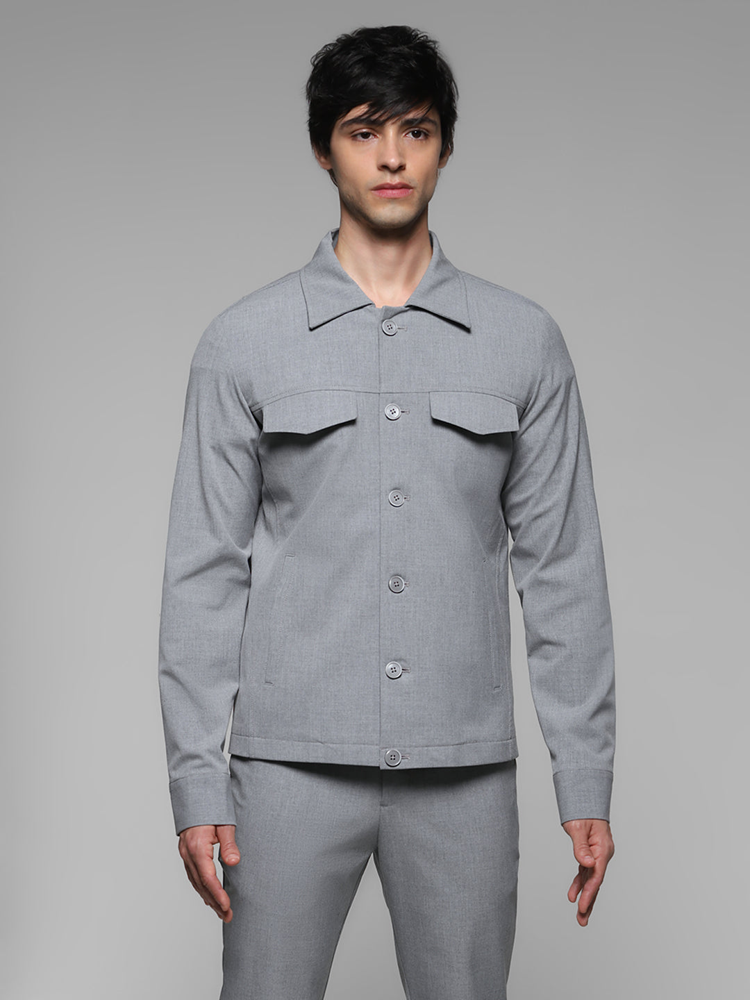 Men Solid Grey Slim Fit Shacket Style Windcheater Jacket