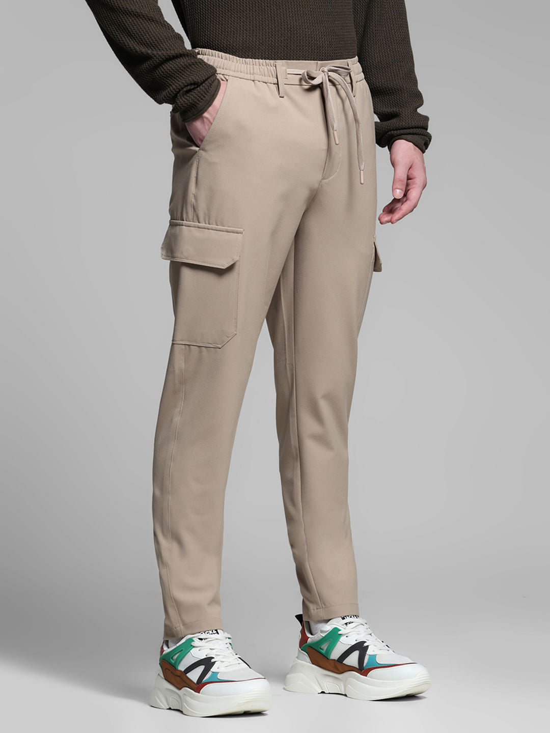 Beige Mid Rise Cargo Pants