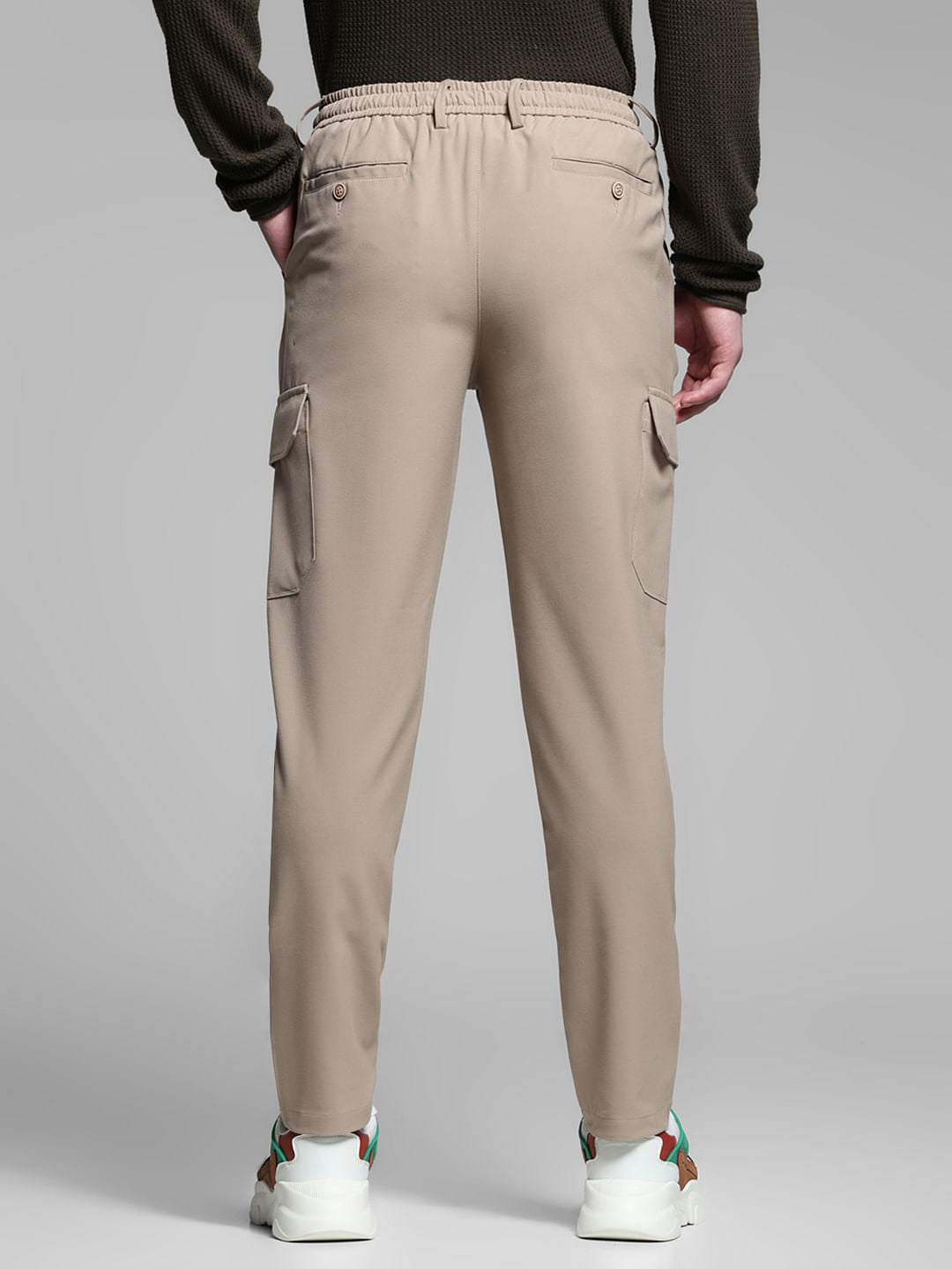 Beige Mid Rise Cargo Pants