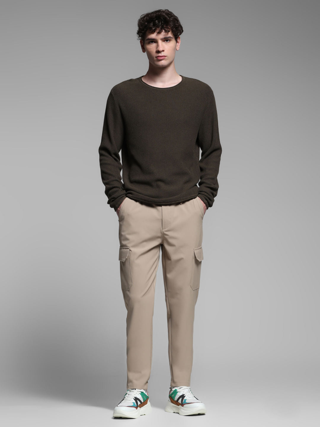 Beige Mid Rise Cargo Pants