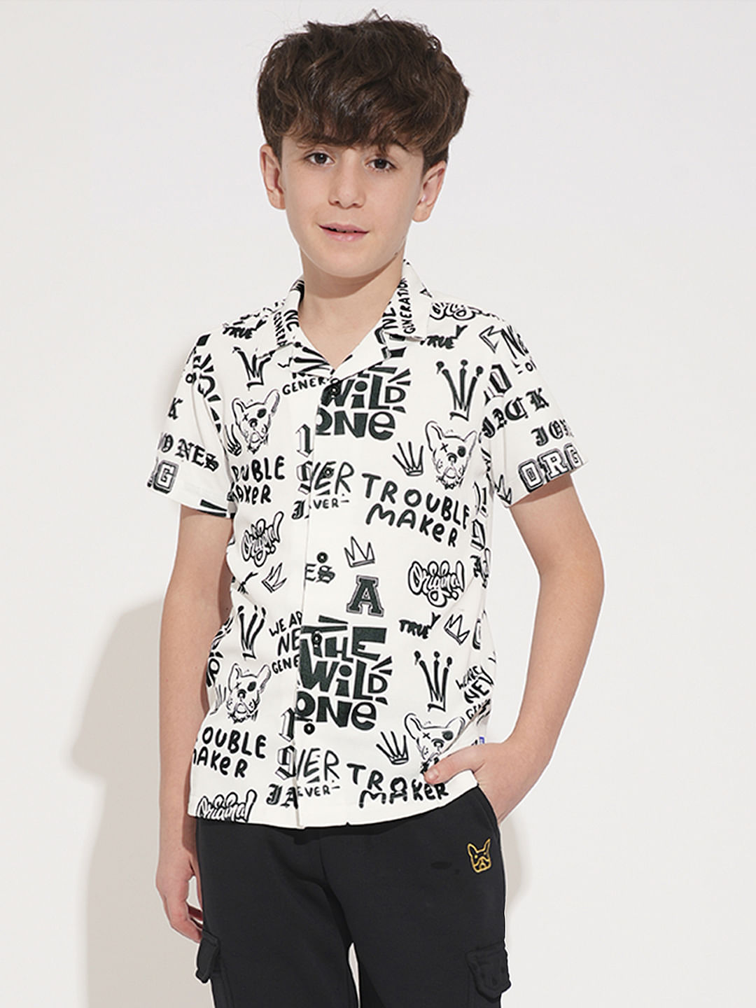Boys White Printed Short Sleeves Shirt
