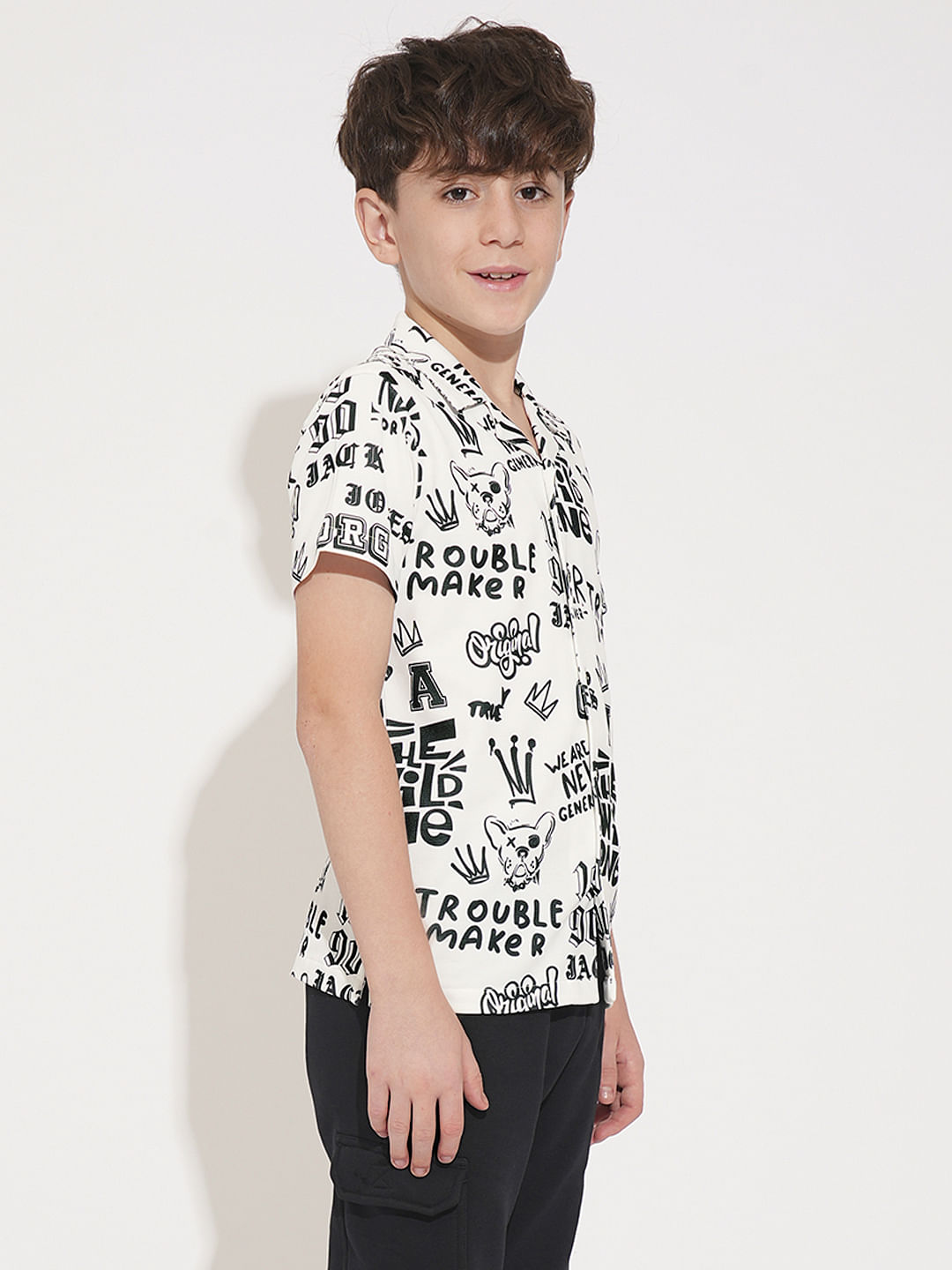 Boys White Printed Short Sleeves Shirt