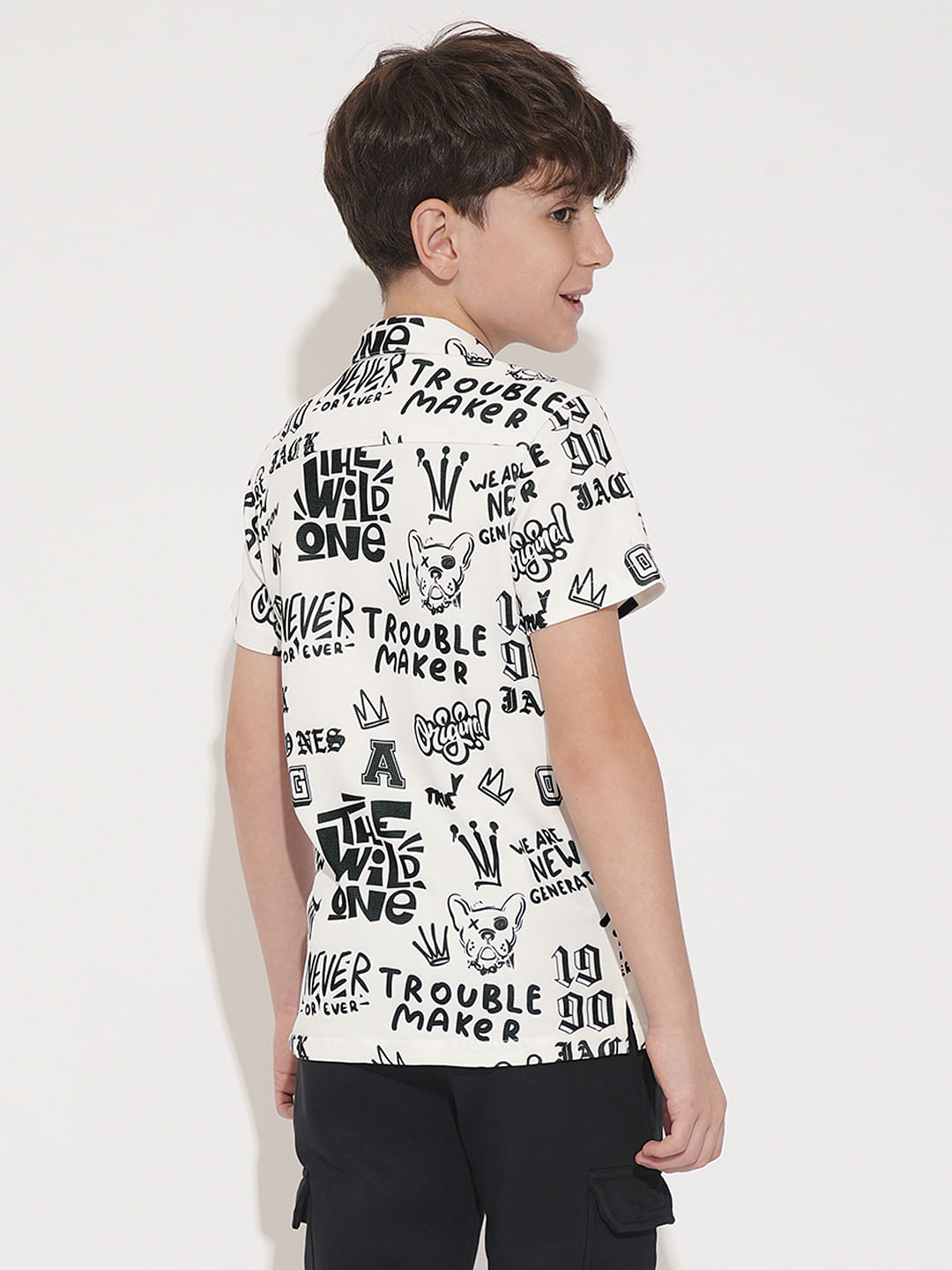 Boys White Printed Short Sleeves Shirt