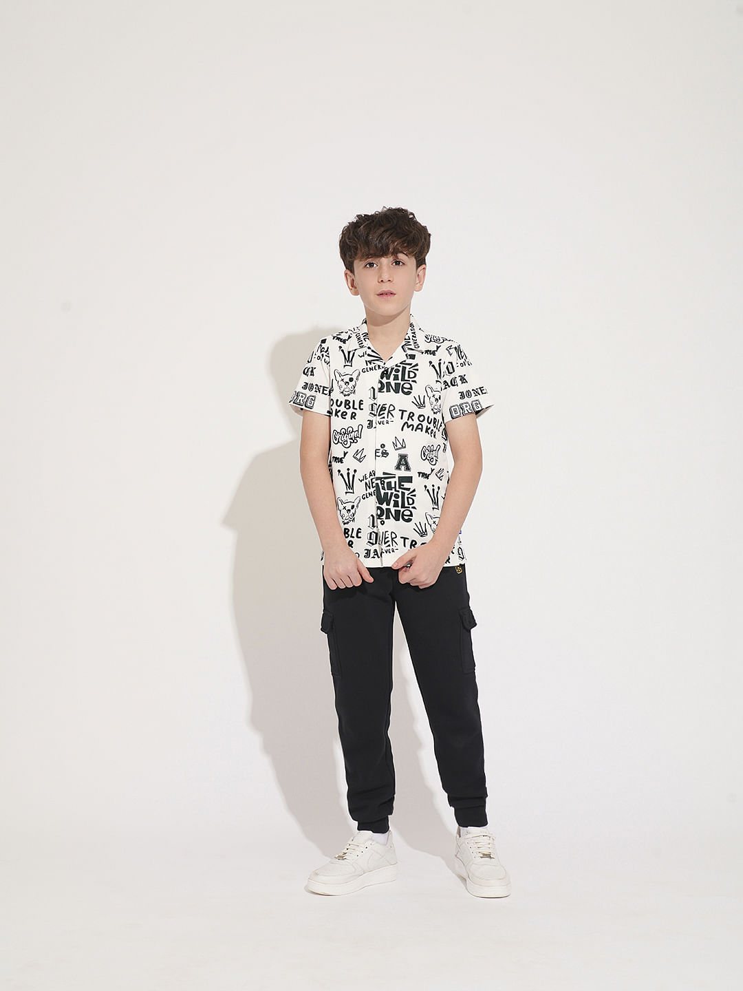 Boys White Printed Short Sleeves Shirt