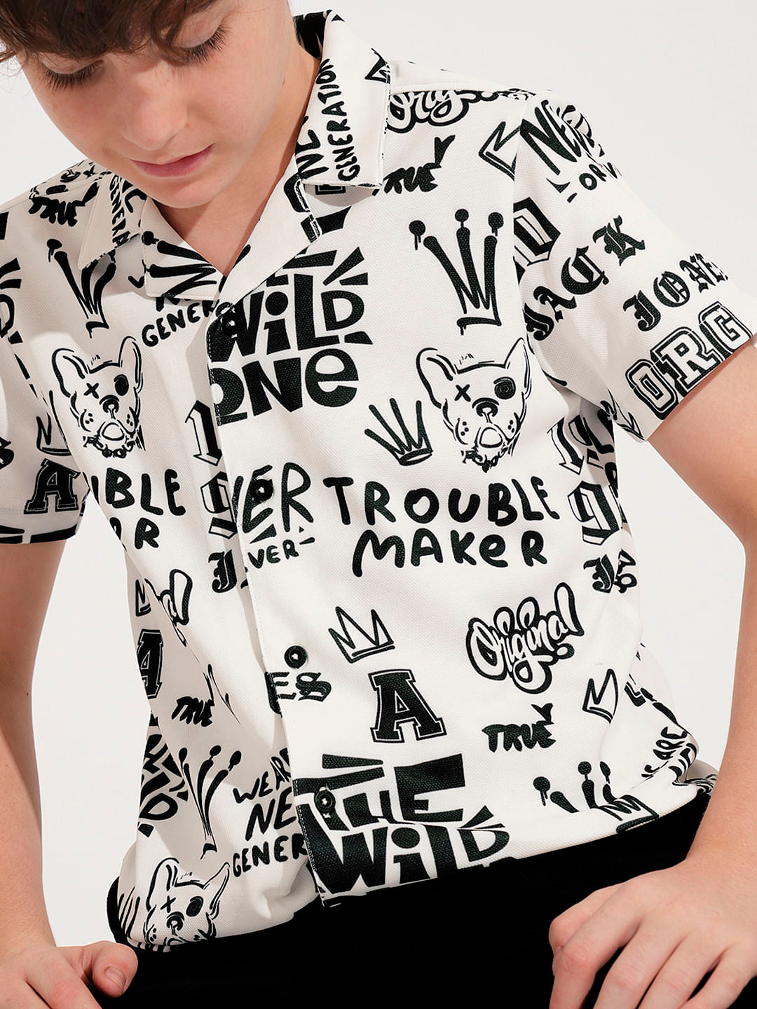 Boys White Printed Short Sleeves Shirt