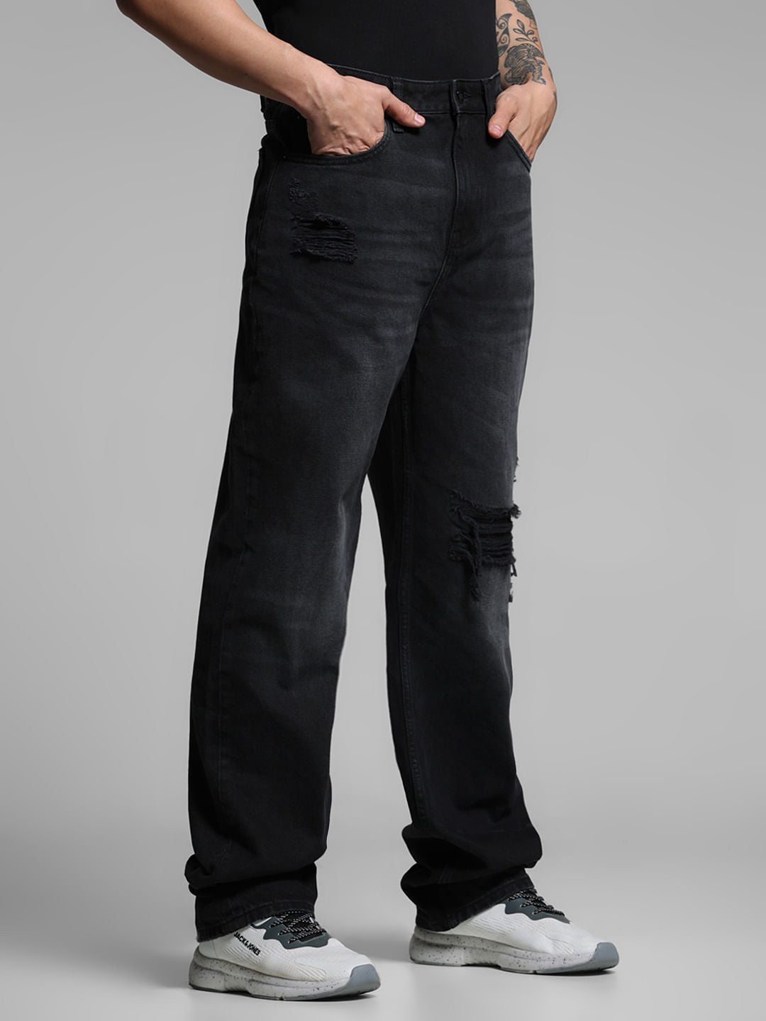 Black High Rise Distressed Dario Loose Fit Jeans