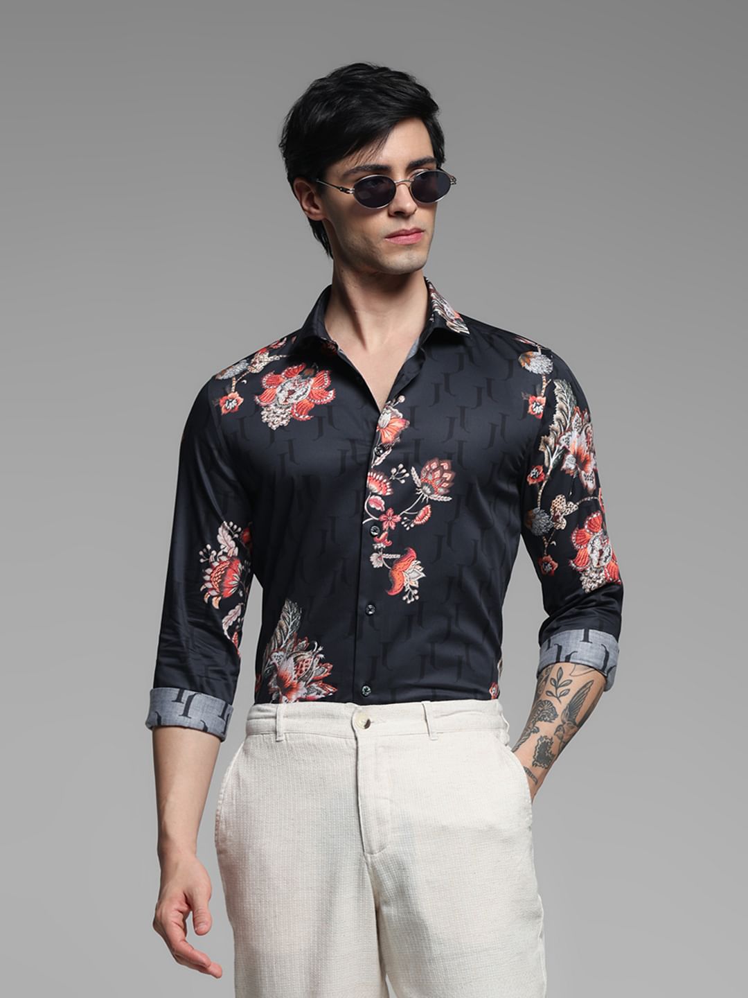 JET BLACK FLORAL FULL SLEEVE SHIRT
