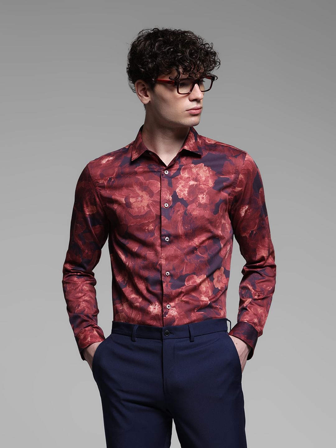 Red Floral Cotton Full Sleeves Shirt