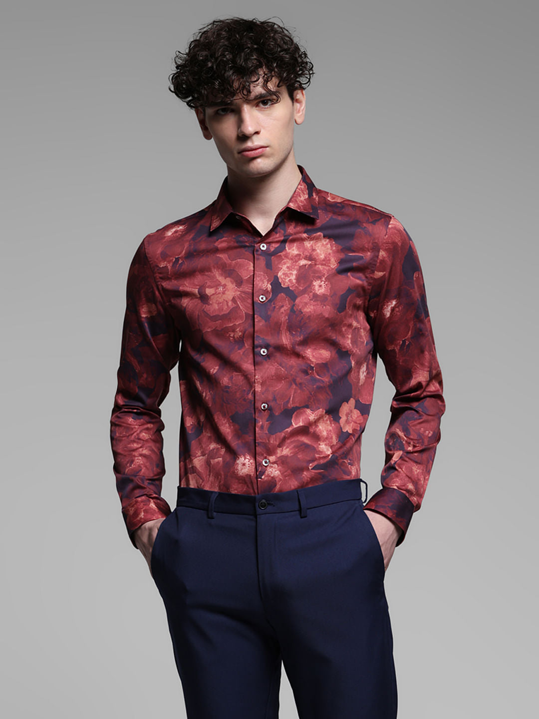 Red Floral Cotton Full Sleeves Shirt