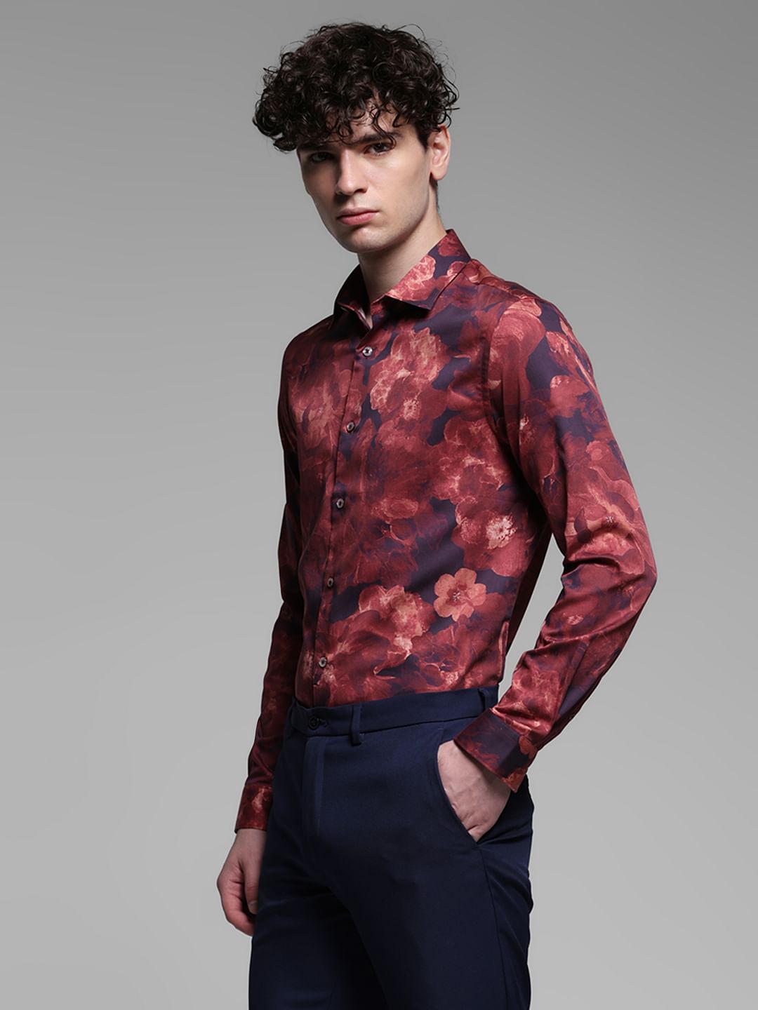 Red Floral Cotton Full Sleeves Shirt