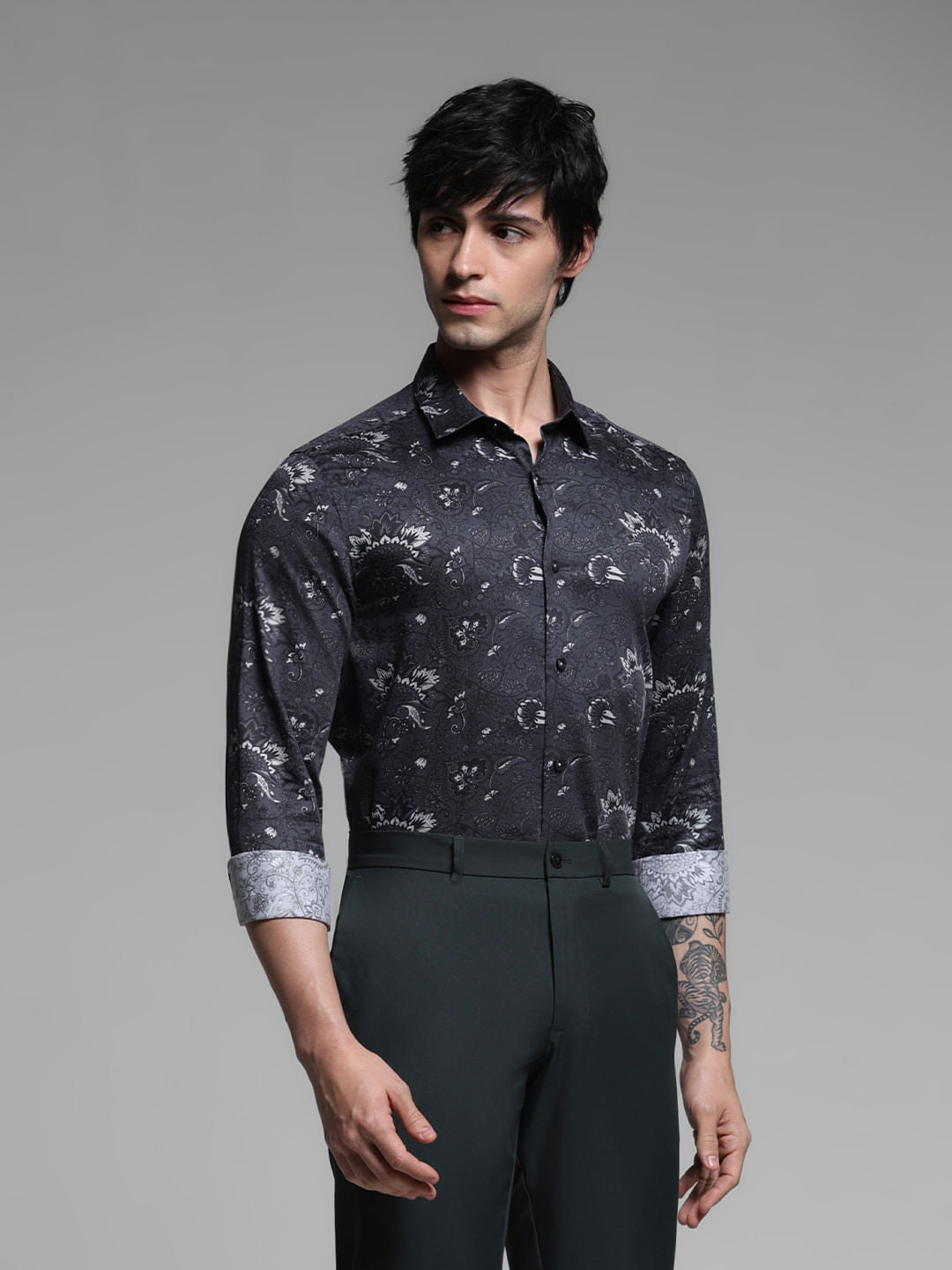 Black Printed Cotton Full Sleeves Shirt