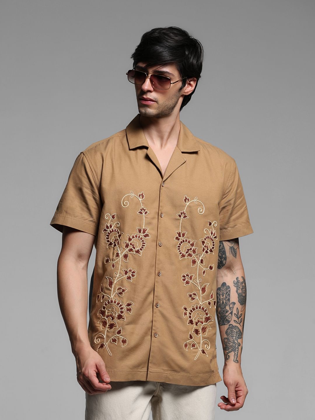 Beige Embroidered Cotton Shirt