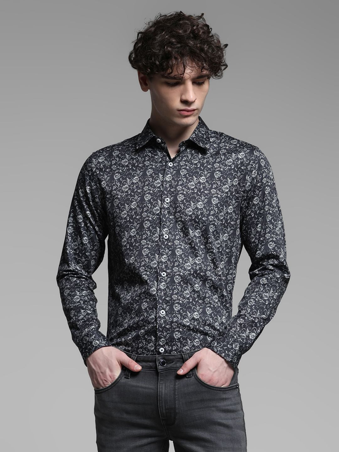 Black Floral Cotton Full Sleeves Shirt