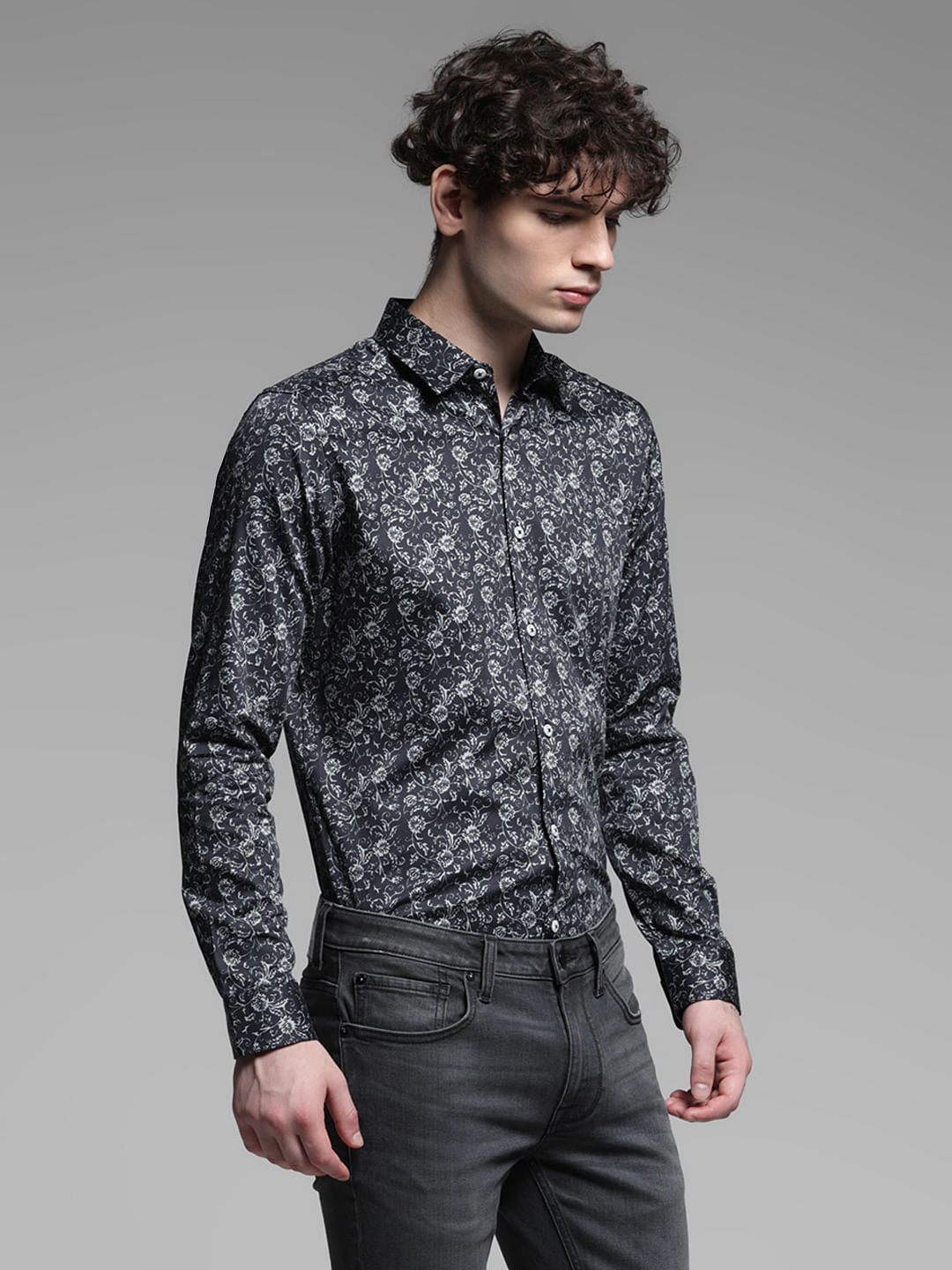 Black Floral Cotton Full Sleeves Shirt