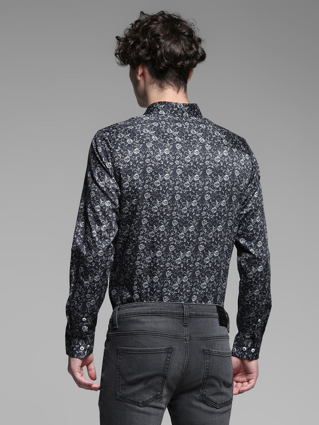 Black Floral Cotton Full Sleeves Shirt