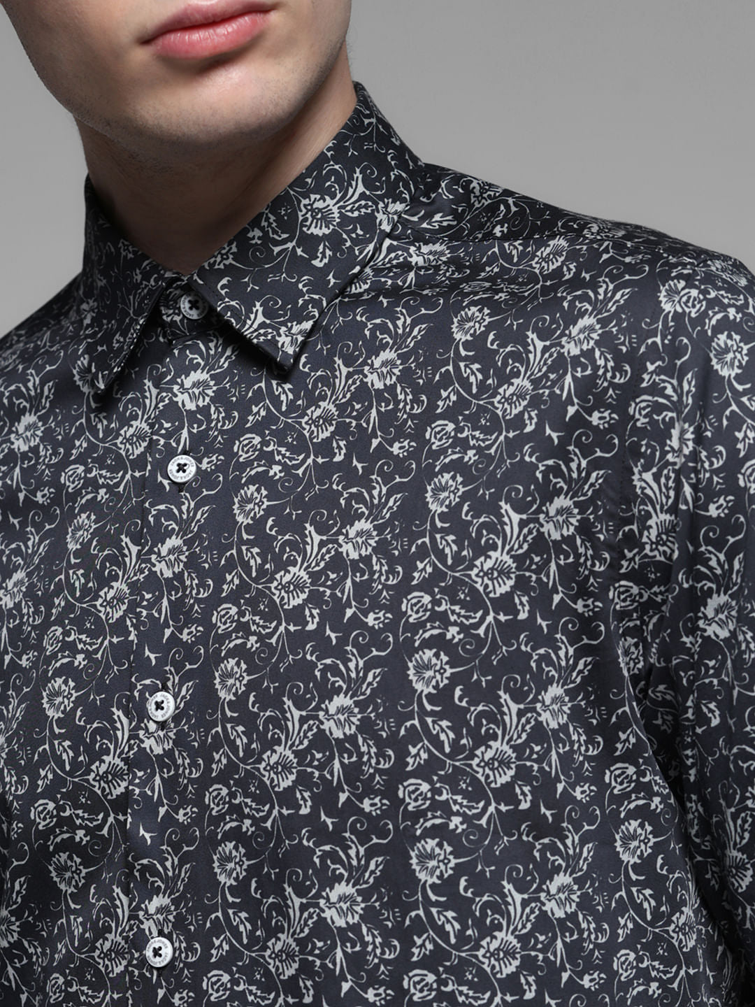Black Floral Cotton Full Sleeves Shirt
