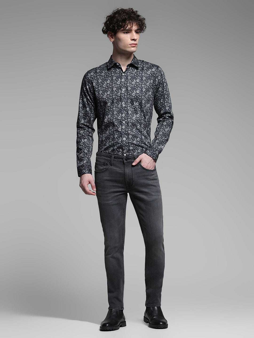 Black Floral Cotton Full Sleeves Shirt